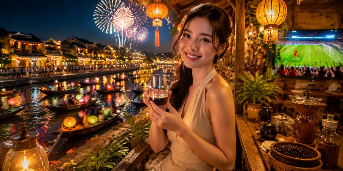 Người dùng tại Hội An thưởng thức cà phê và truy cập nền tảng eb3 trên điện thoại